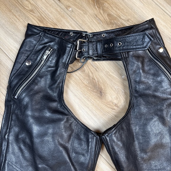 Black Leather Motorcycle Chaps Size Small - Picture 2 of 7